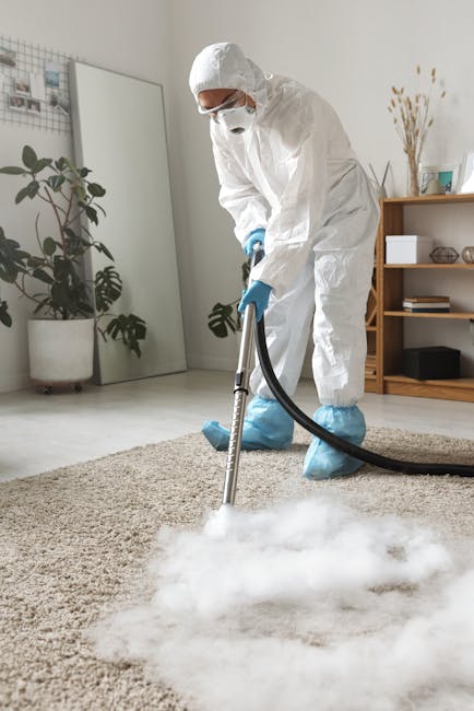 A professional cleaner from Hackney Carpet Cleaning is performing surface cleaning in a residential living room. The individual is wearing a full white protective suit, face mask, and blue gloves whil